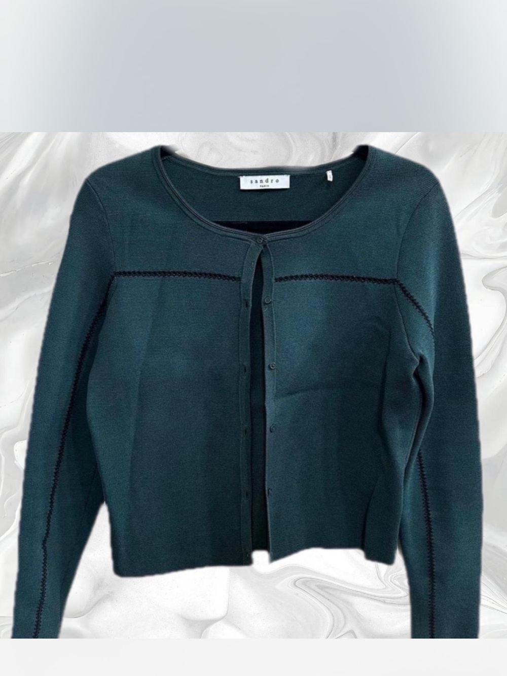 Sandro Green Button-Up Knit Cardigan with Lace Detailing